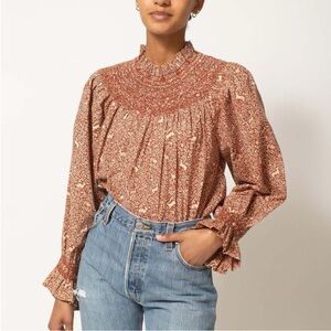 Dôen Prairie Blouse Womens Small Rust Floral Animal Print Smocked Top